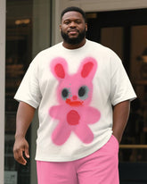 Big & Tall Men's Pink Rabbit Graffiti Print Round Neck Short Sleeve T-Shirt Shorts Suit